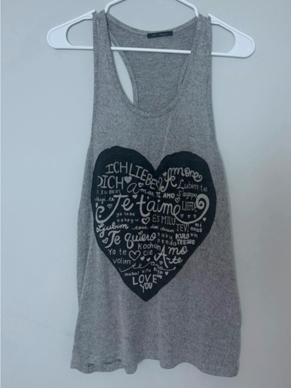 Gray Women’s Racerback Tank Top with Heart Script Print - Love multiple language